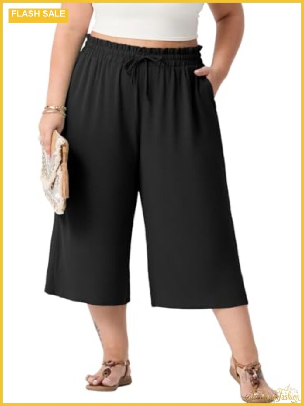 Plus Size Wide Leg Capri Pants High Waist Drawstring with Pockets